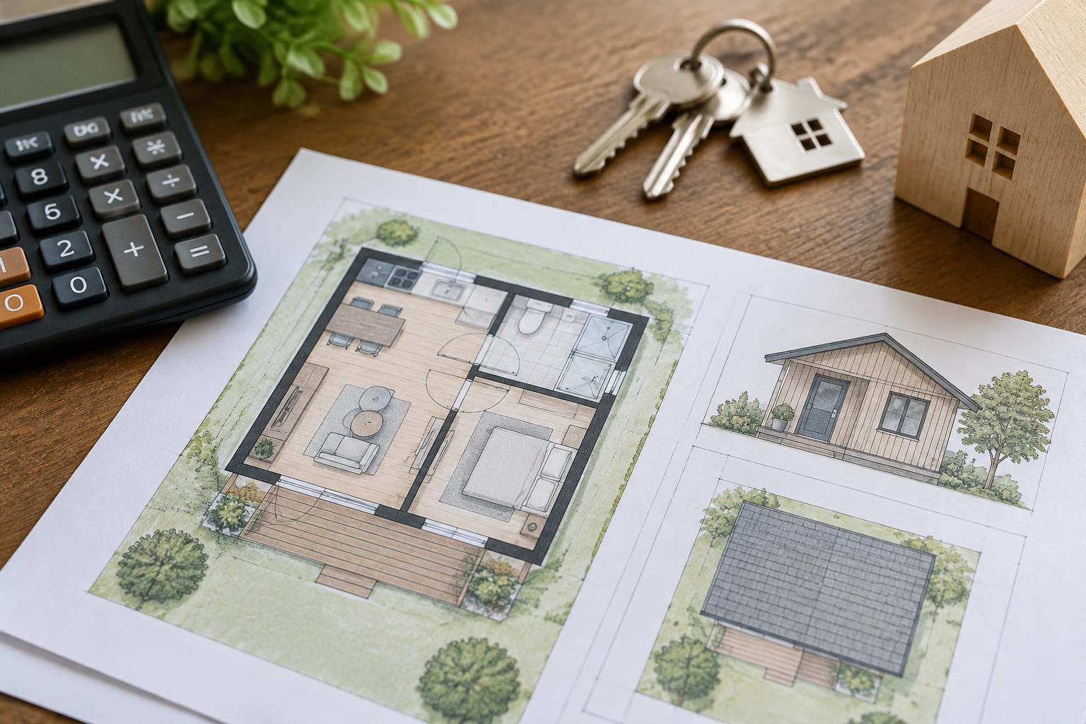 Floor plan of a backyard cottage beside a calculator and house keys