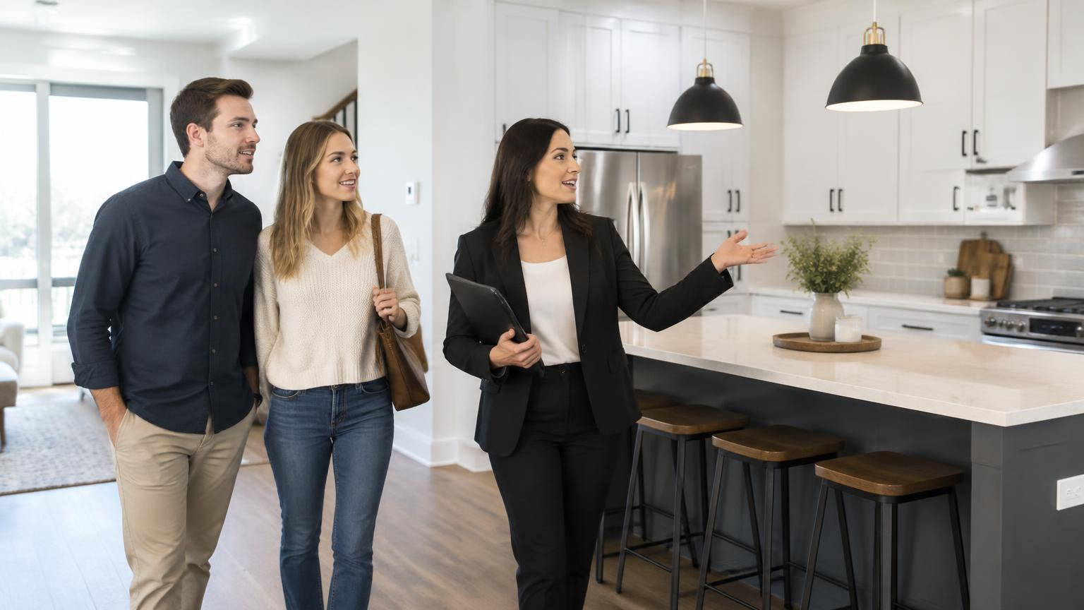 Buyers touring a bright Eastside townhouse kitchen with their agent at a private showing