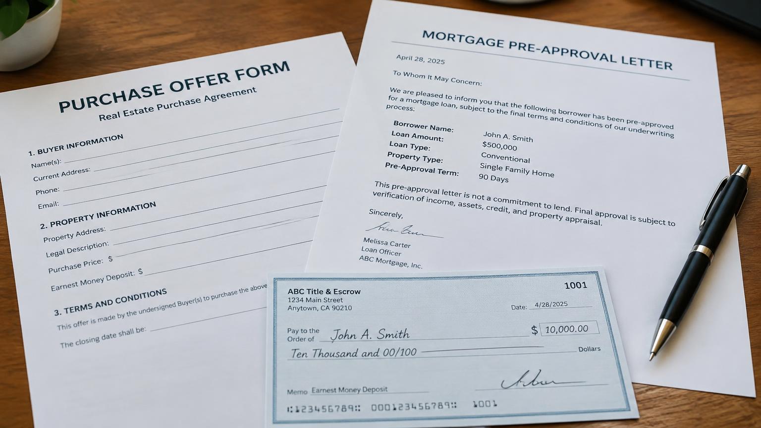 Purchase offer form, pre-approval letter and earnest money check on a desk