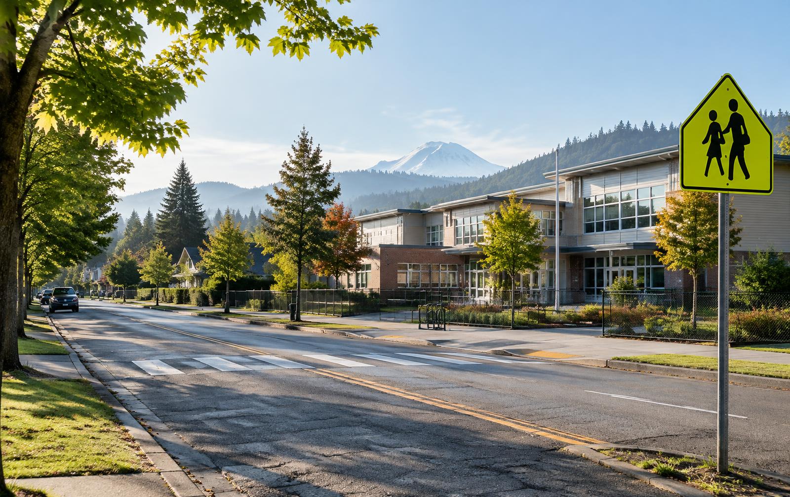 Residential street across from an elementary school with a school crossing sign