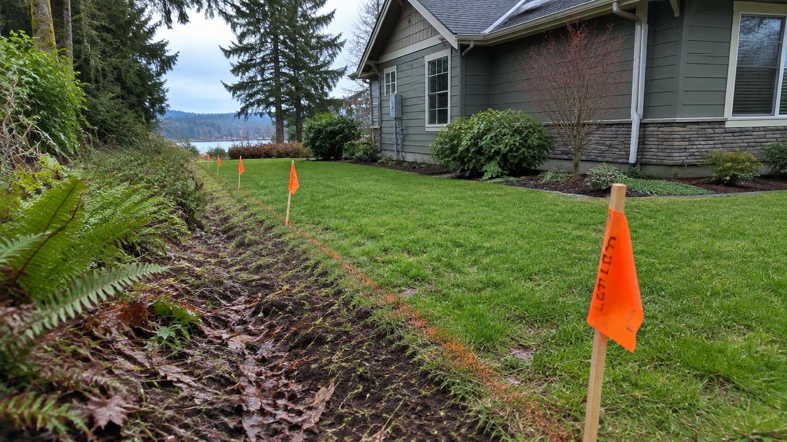 Survey flags marking a utility easement along a residential lot boundary