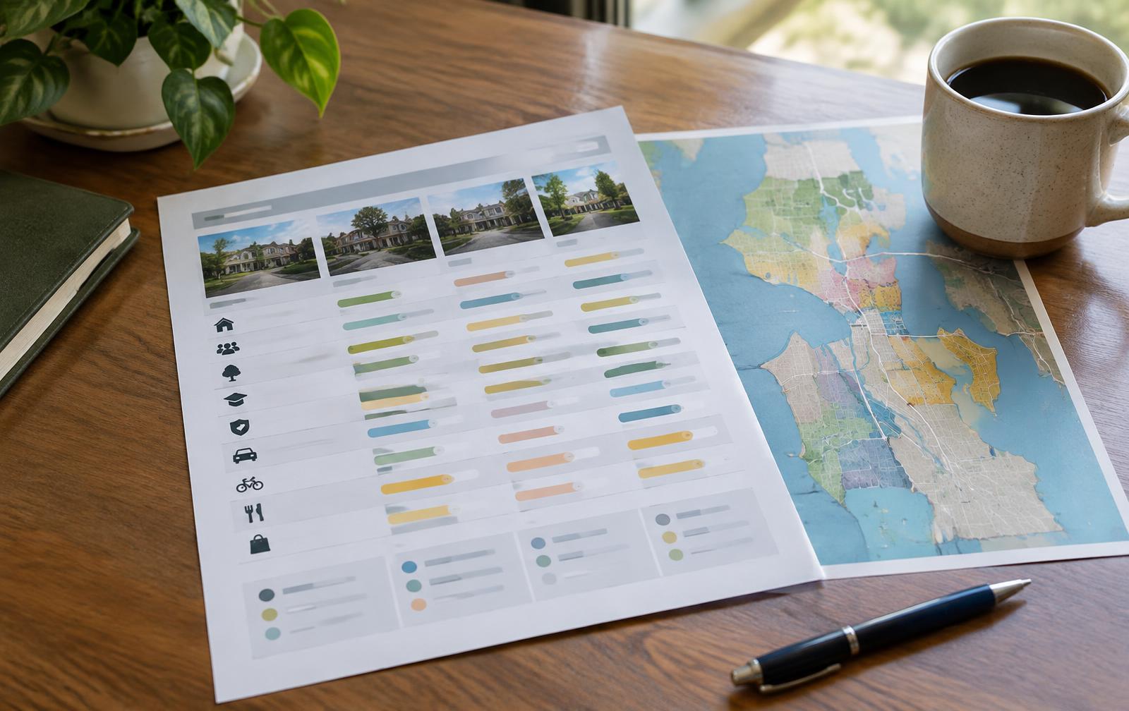 Neighborhood comparison scorecard laid next to a map of the Seattle Eastside