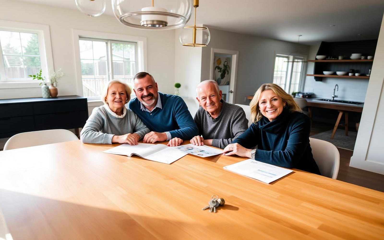 Family reviewing home transfer paperwork at a dining table