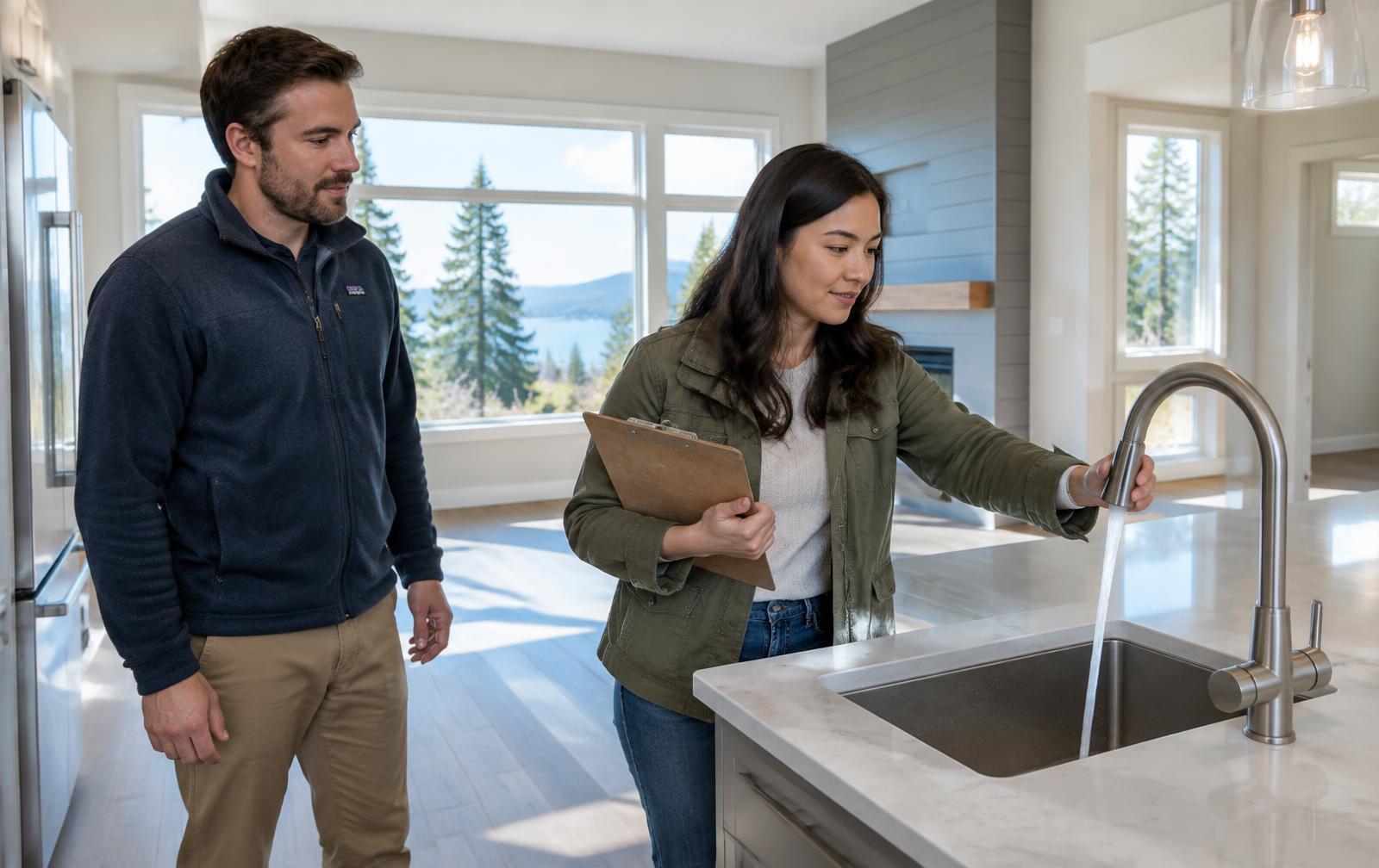 Couple testing the kitchen faucet during a final walkthrough of a new Pacific Northwest home