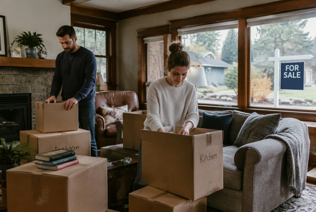 Couple packing moving boxes in their Pacific Northwest home while it is listed for sale