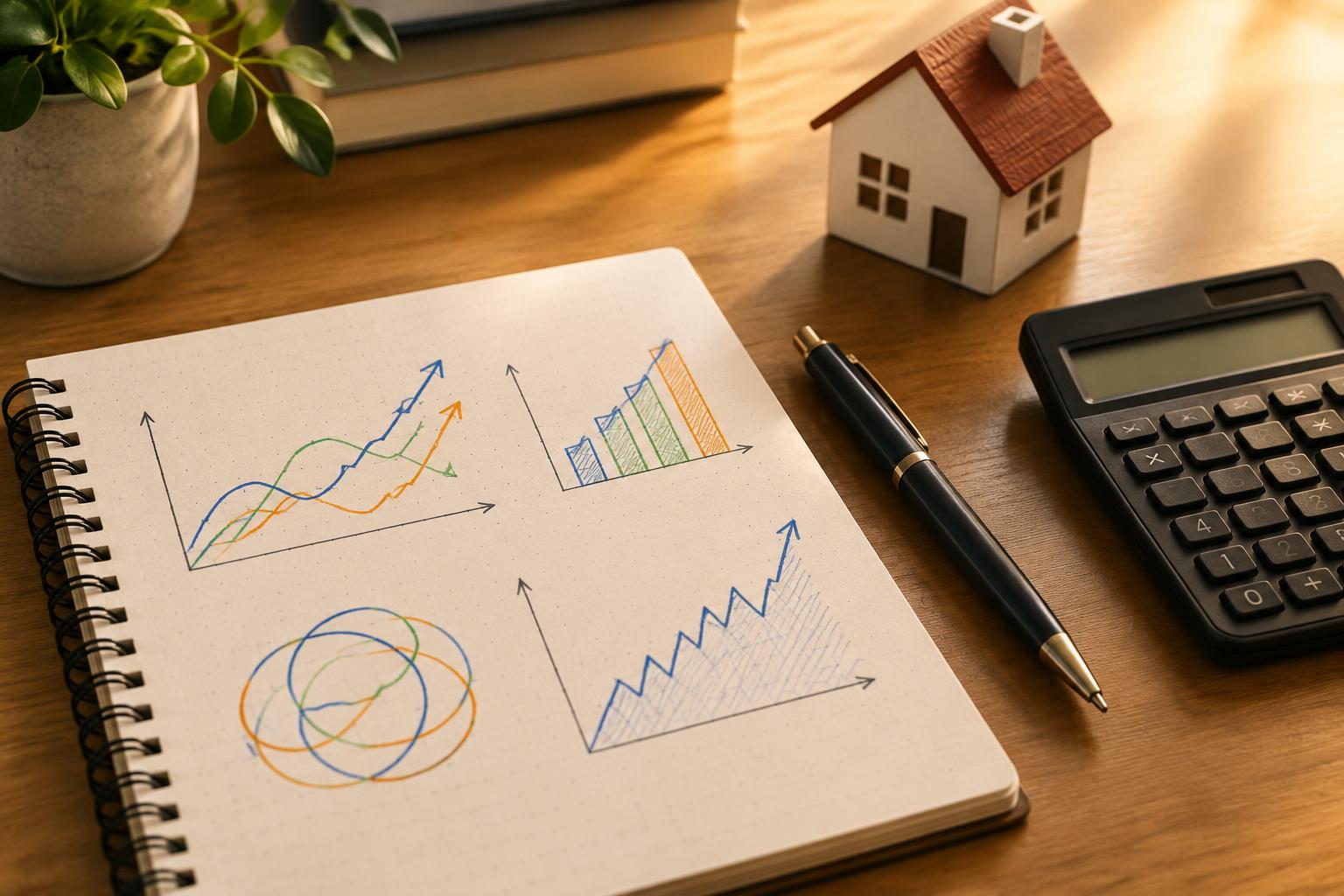 Notebook with hand-drawn graphs beside a calculator and model house