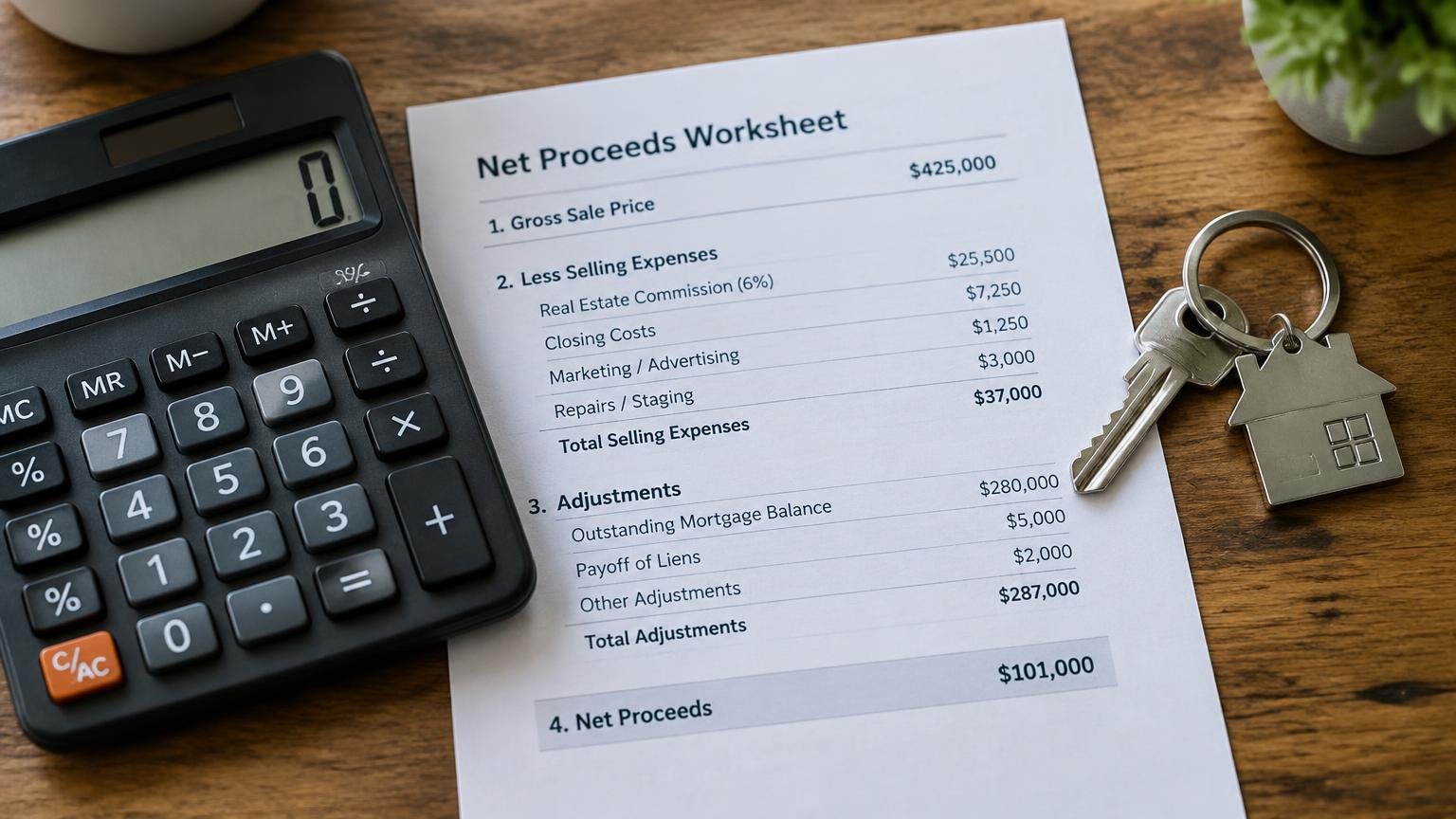 Calculator, net proceeds worksheet and house keys on a desk