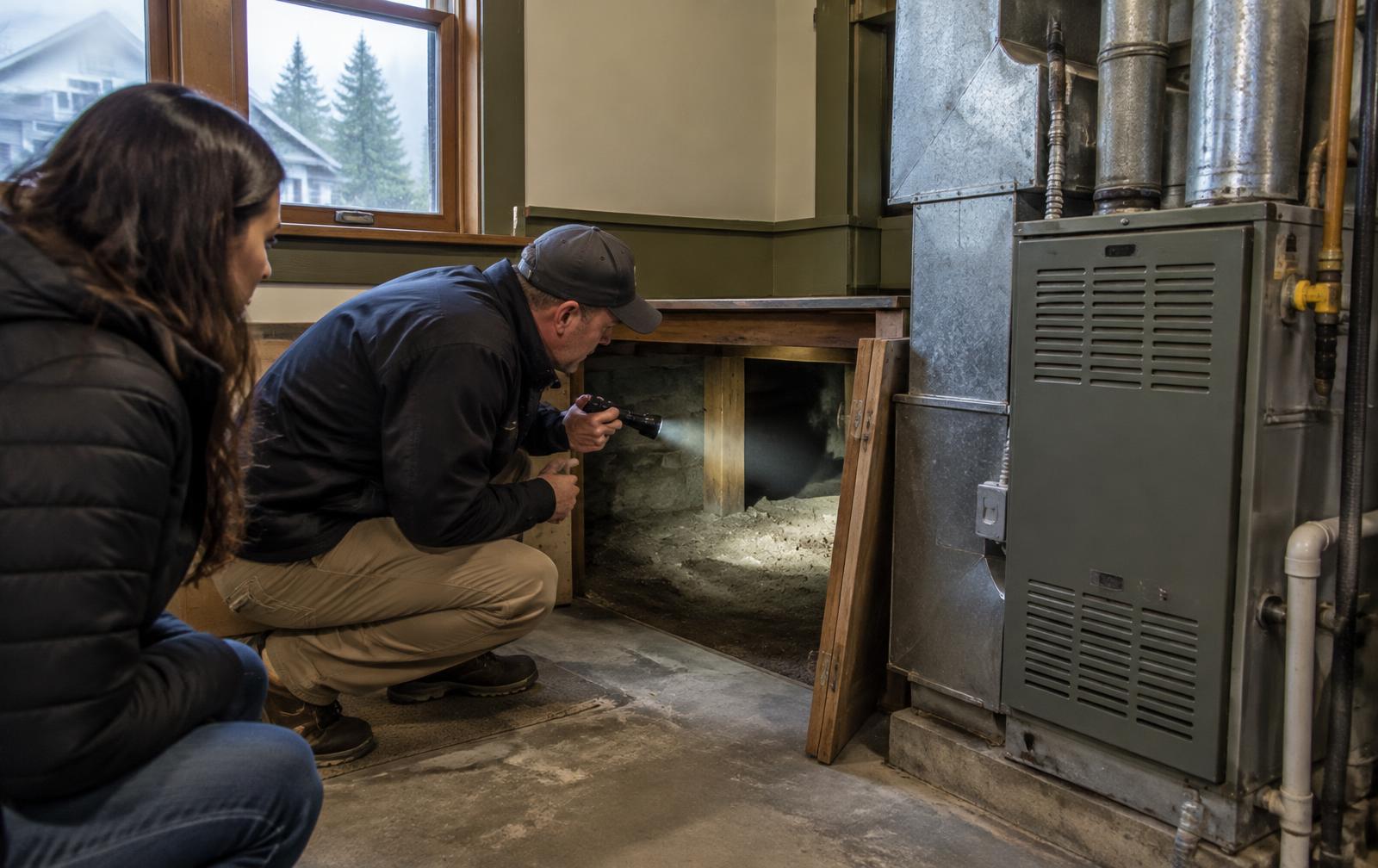 Home inspector checking a crawlspace and furnace in an older Pacific Northwest house while the buyer watches