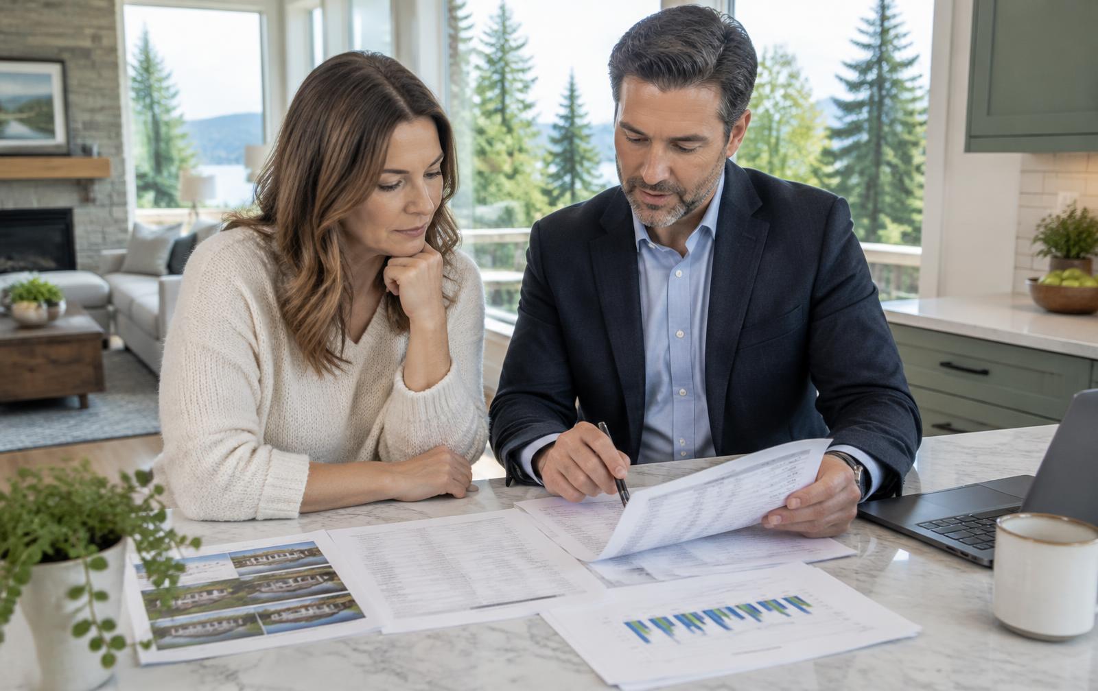 Seller and broker reviewing comparable sales and a pricing chart at a kitchen island