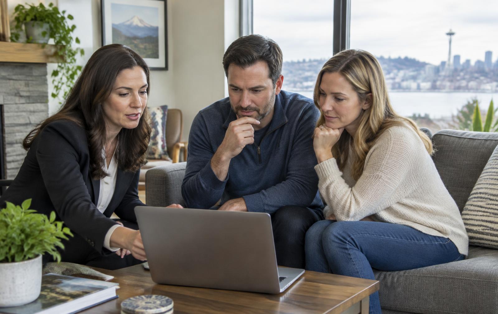 Homeowners discussing a purchase offer with their broker on a laptop in a Seattle living room
