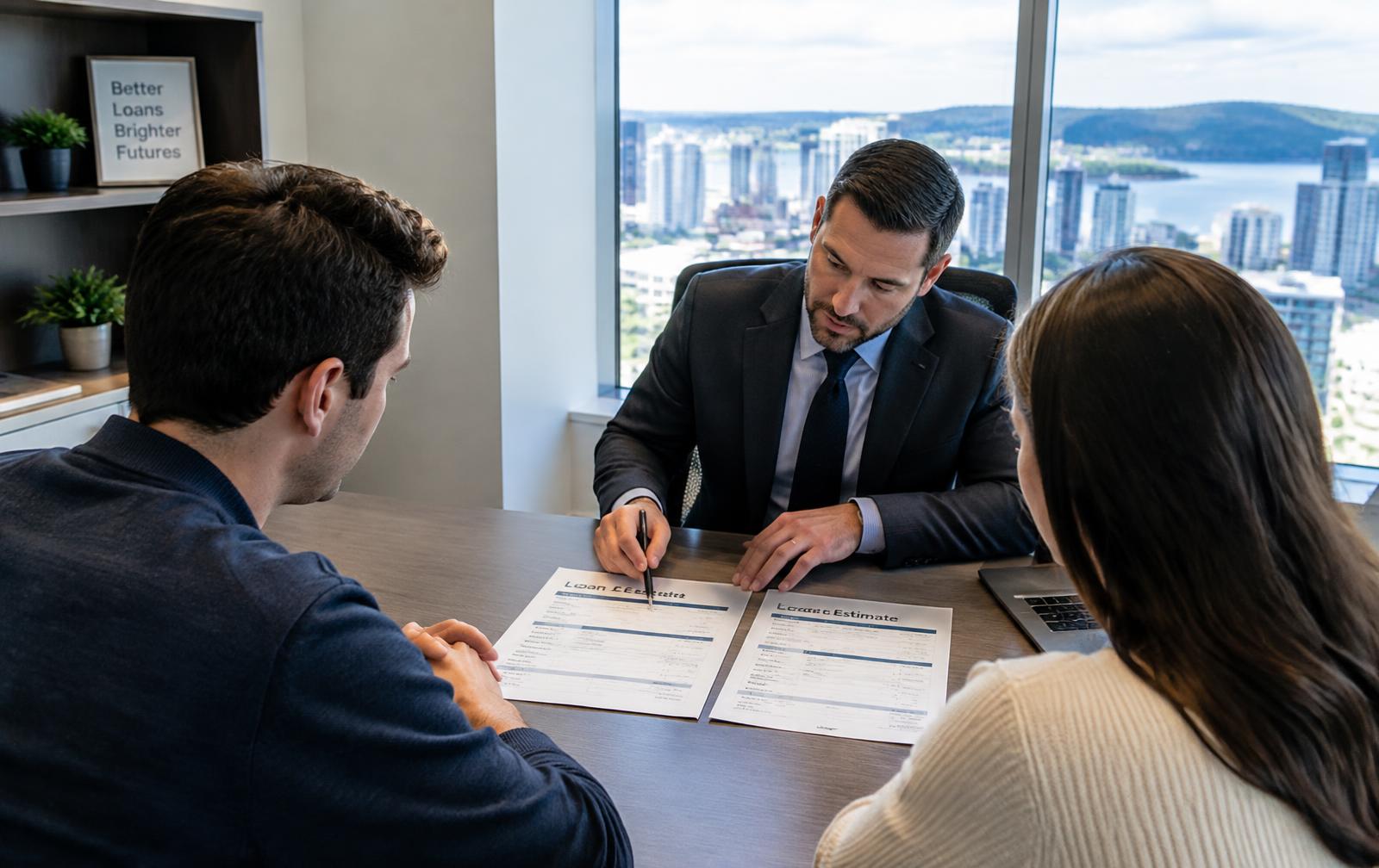 Couple comparing two loan estimates with a loan officer in an office overlooking the Eastside