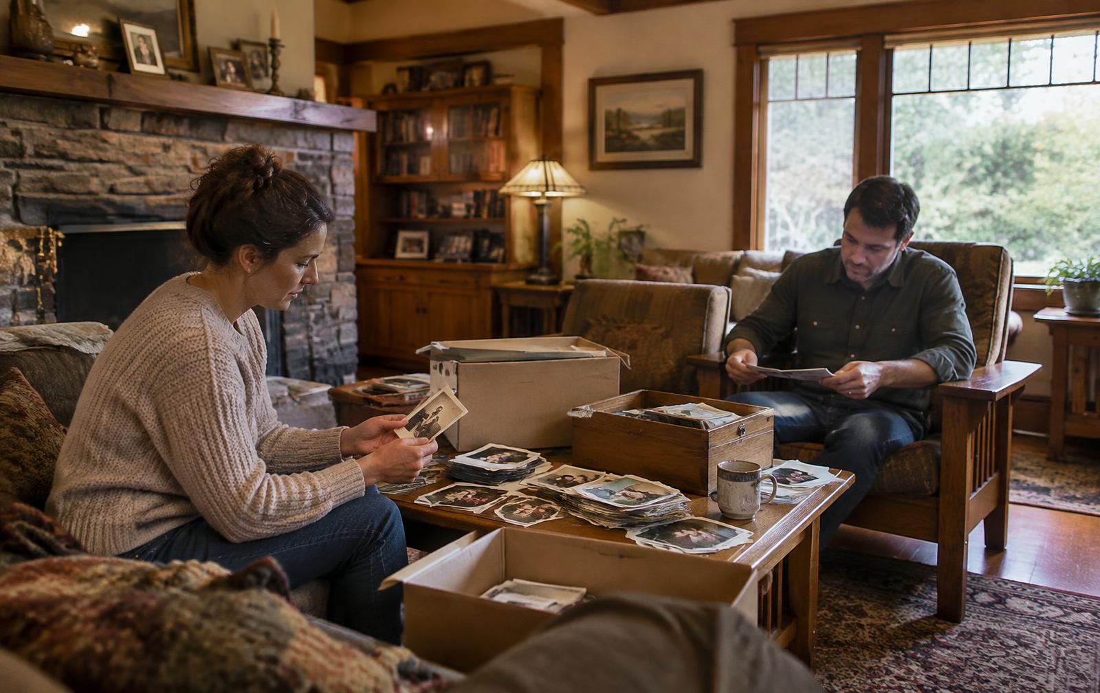 Adult siblings sorting family photos in their parents' Pacific Northwest craftsman home