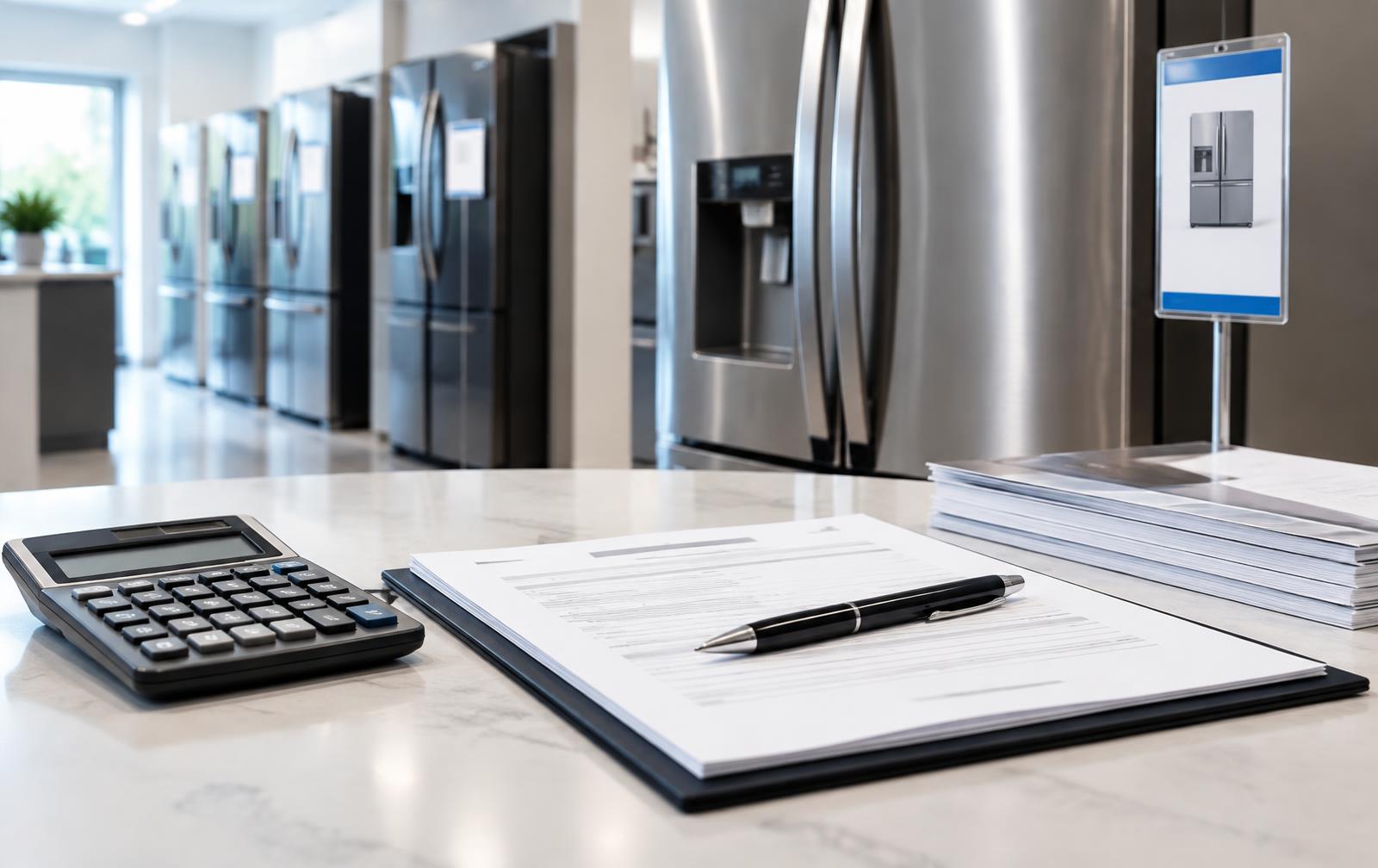 Closing paperwork and calculator on a counter in an appliance showroom