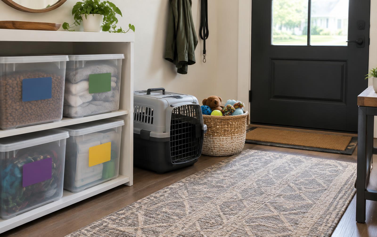 Labeled storage bins, pet carrier and toy basket by the front door, ready for a quick showing exit