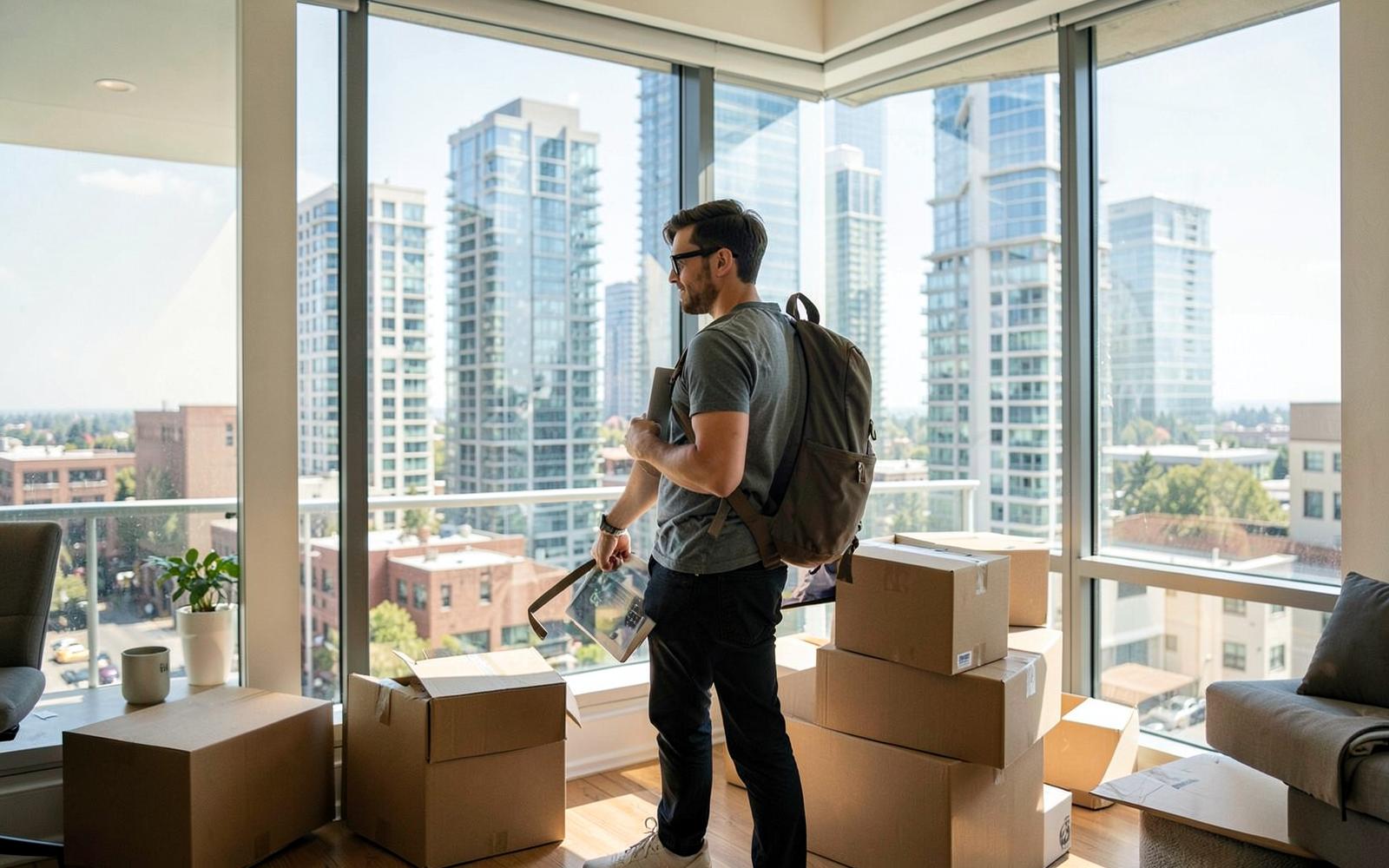 Tech professional unpacking in a new apartment overlooking downtown Bellevue