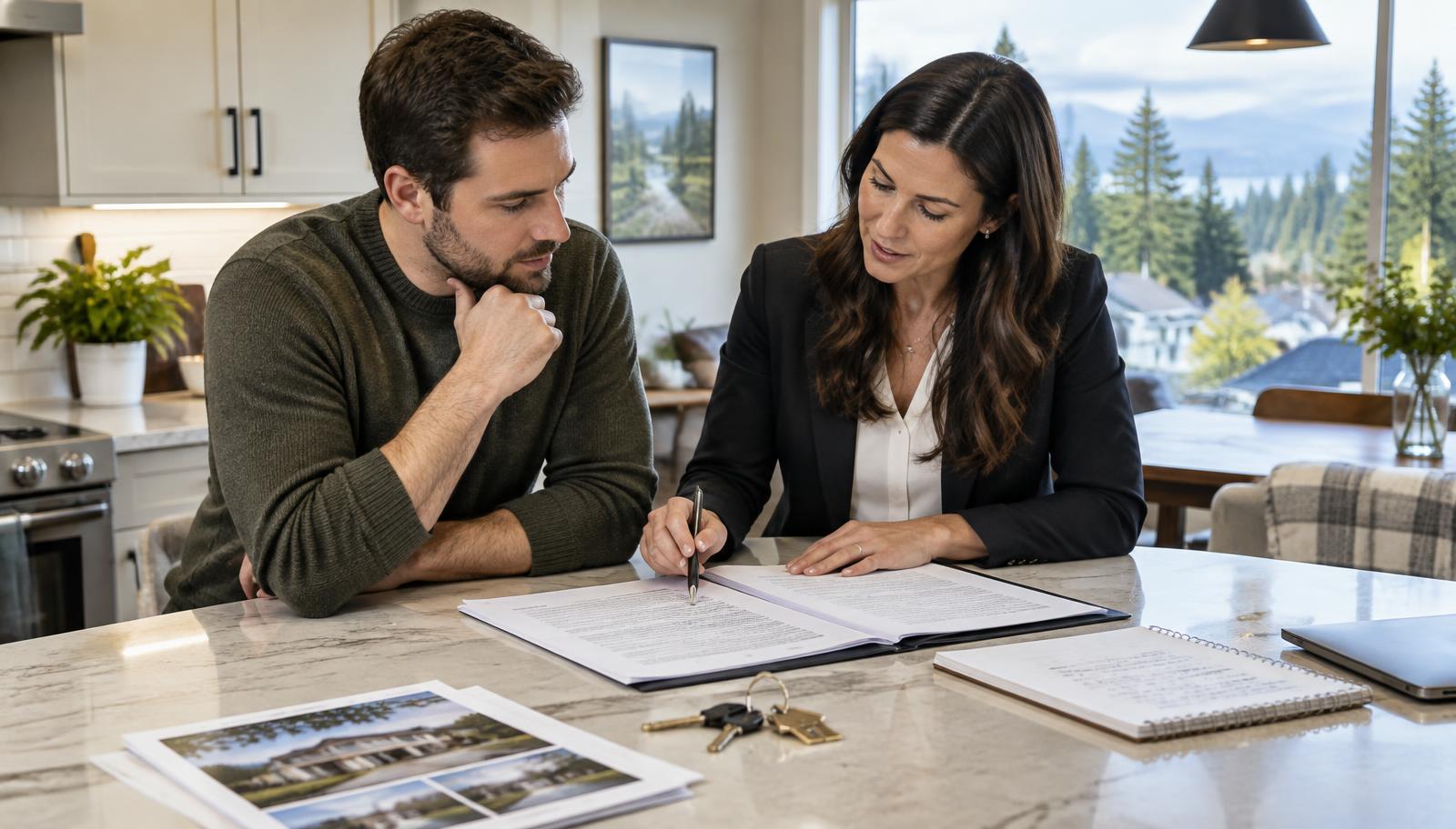 Washington home buyer reviewing a purchase agreement with an agent