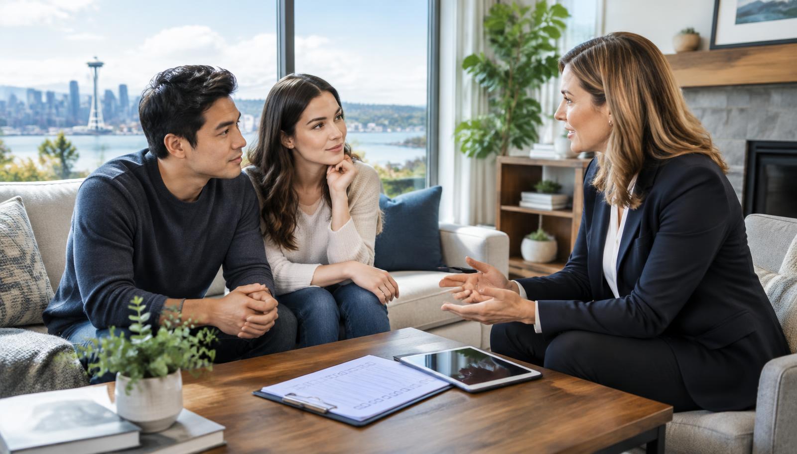 Home buyers interviewing a buyer's agent in Seattle