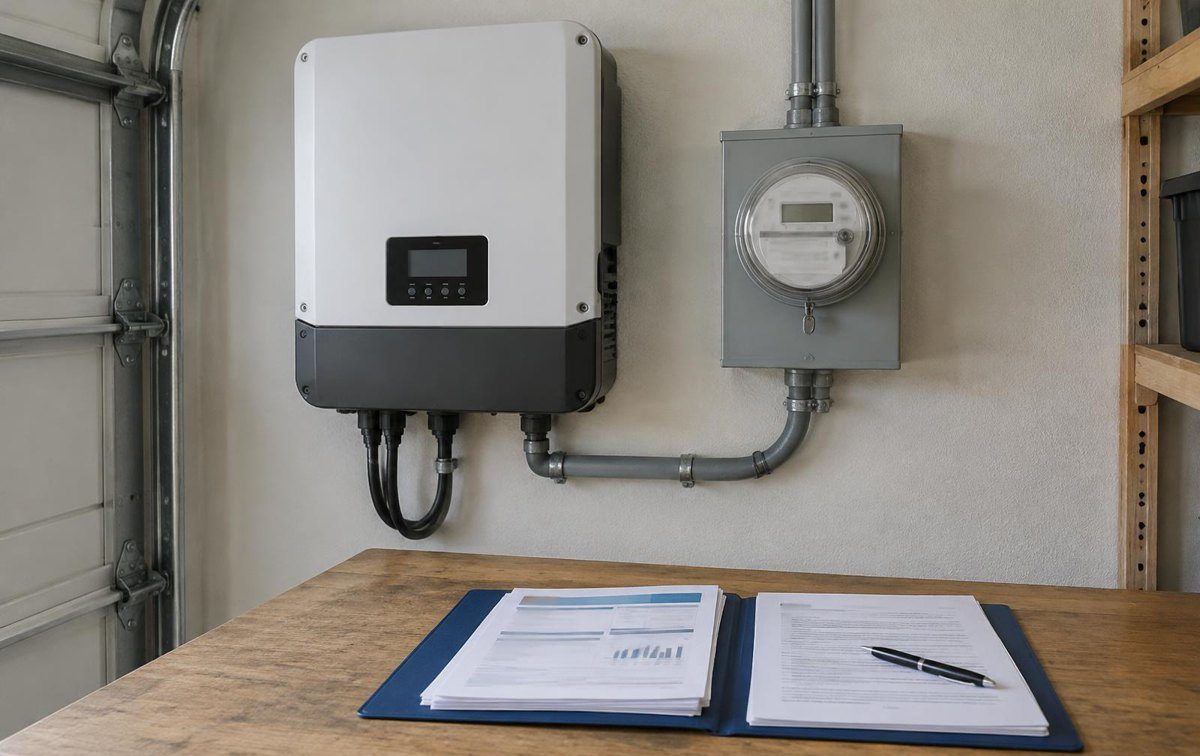 Solar inverter and electricity meter beside paperwork on a work surface