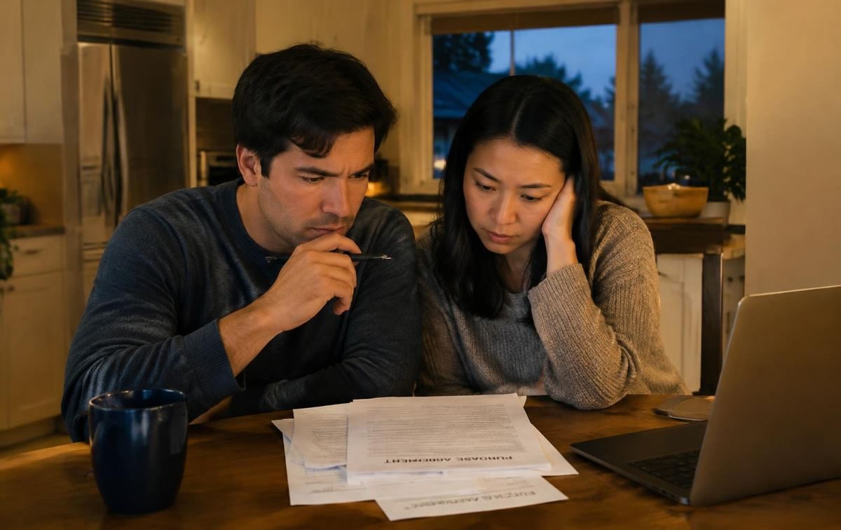 Homeowners reviewing contract documents at a kitchen table