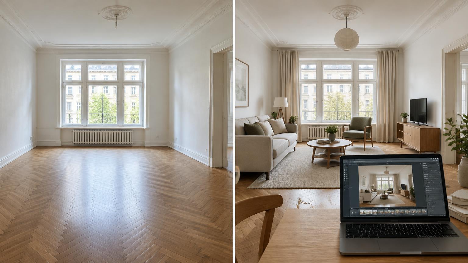 An empty room compared with a physically furnished room