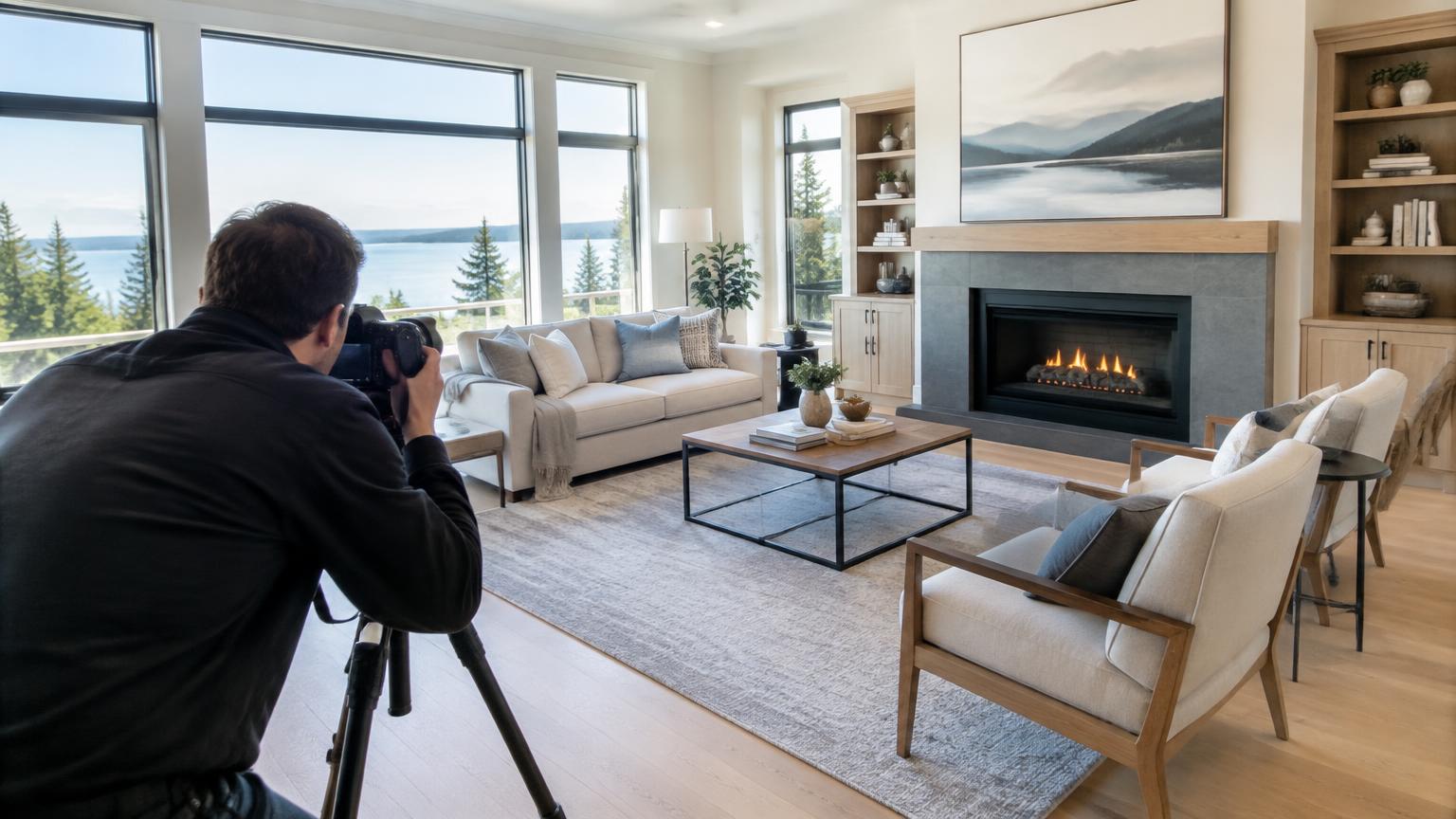 Real estate photographer documenting a staged living room